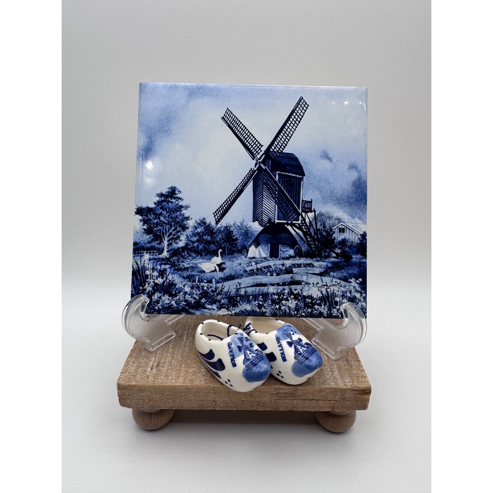 Royal Mosa Holland Windmill Tile and Miniature Delft Blue Ceramic Clogs Set